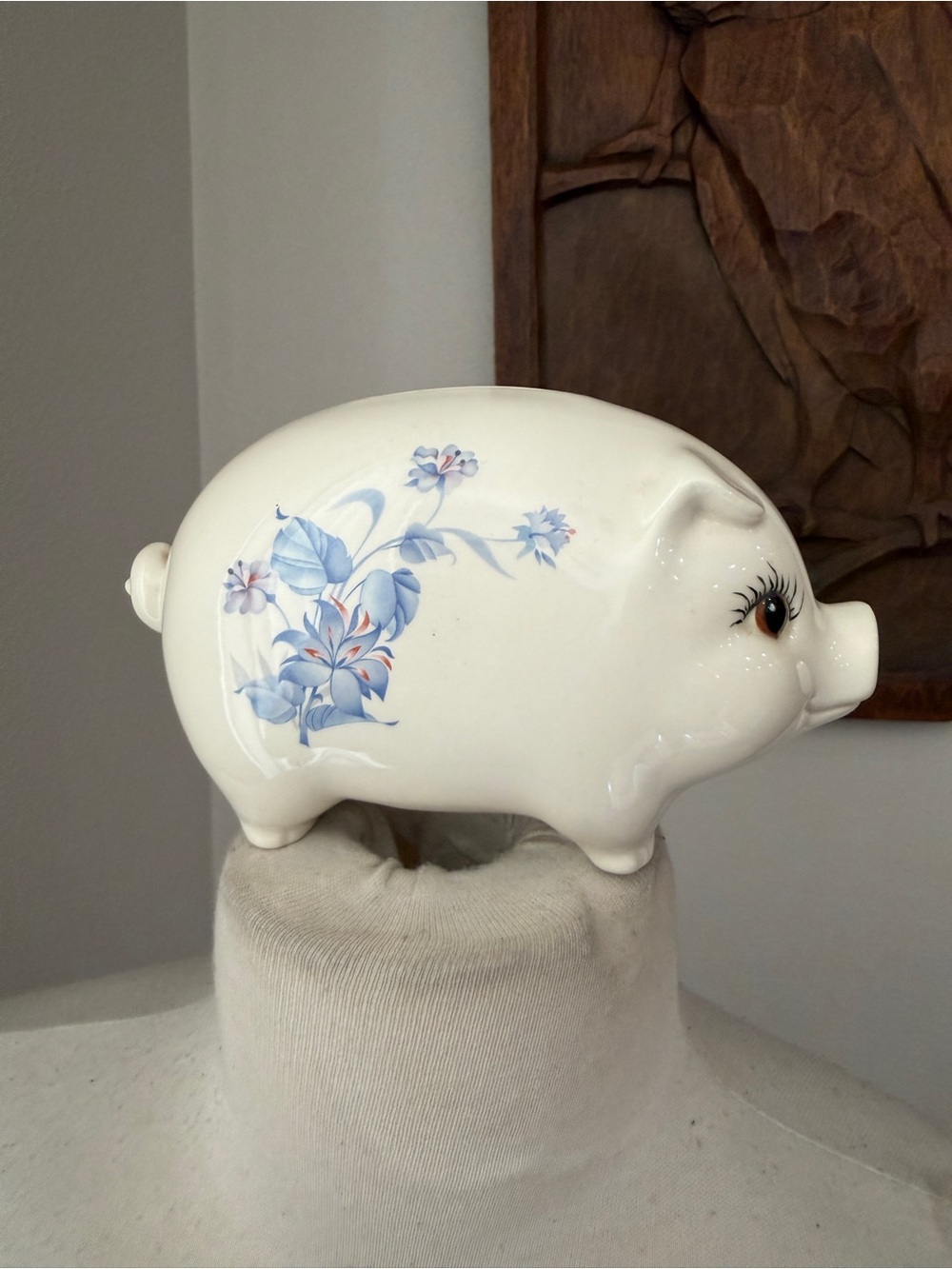 Vintage Ceramic Piggy Bank White Blue Floral Farmhouse Decor